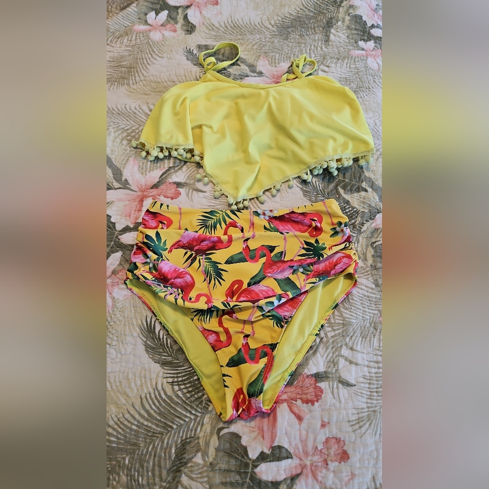 Yellow Flamingo Print Bikini Set